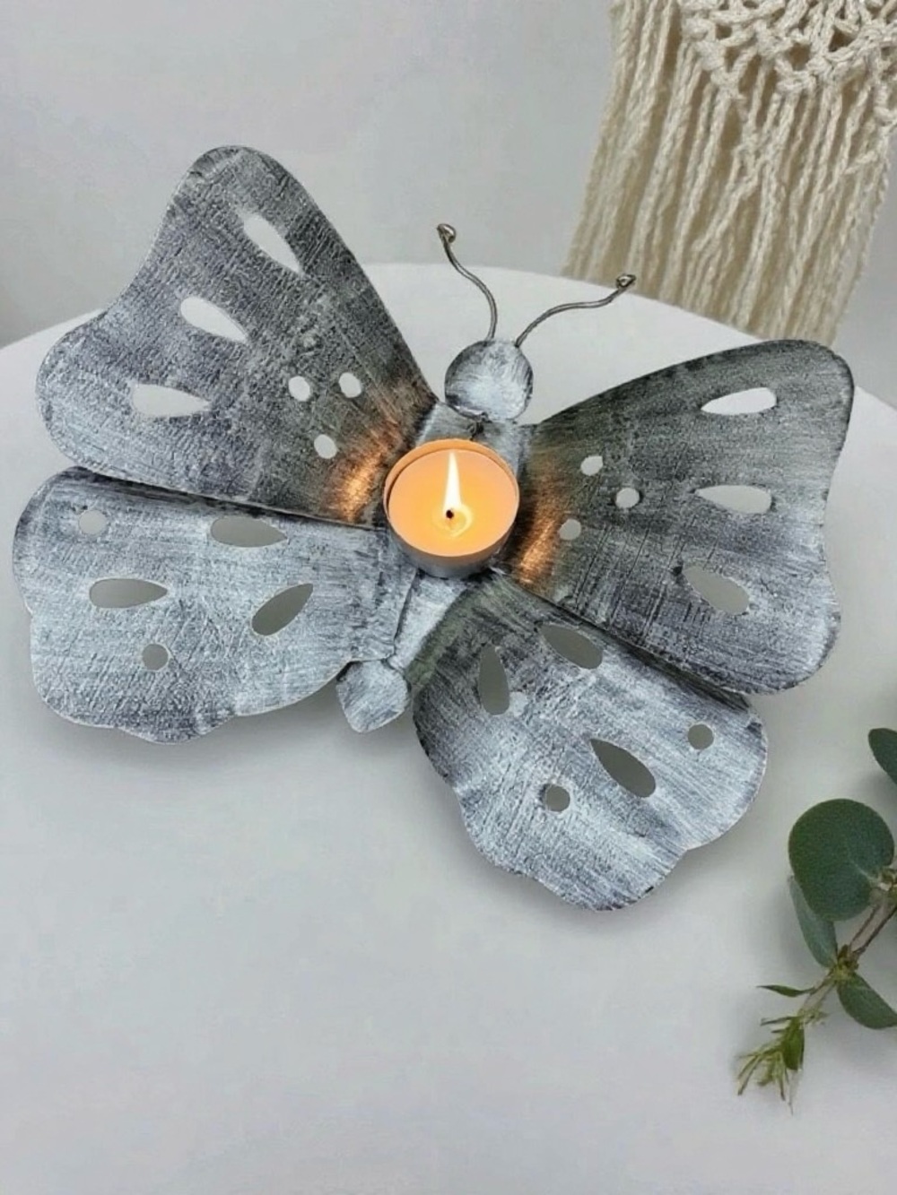 Vintage Distressed Silver Metal Butterfly Tea Light Votive Candle Holder